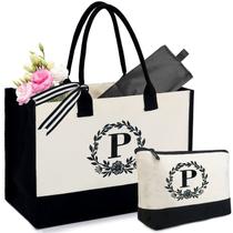 Presentes personalizados BeeGreen para aniversário, sacola inicial de lona com bolsa de maquiagem, sacola bordada com monograma e bolso interno com zíper para mulheres, amigas, mãe anfitriã, dama de honra, letra P