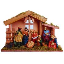 Presépio de Natal no Estábulo 9 Peças 30x10x21cm Resina e Madeira Presépio de Natal no Estábulo 9 Peças 30x10x21cm Resina e Madeira