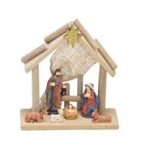 Presépio Enfeite Natalino Natal Sagrada Família Com Estabulo 20cm Madeira Decorativo Casa Sala Quarto Rack Estante Mesa Escritório Decoração Jesus