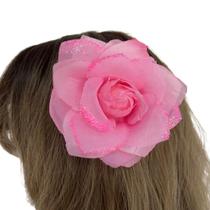 Presilha com Flor de Rosa Grande com Brilho para Cabelo