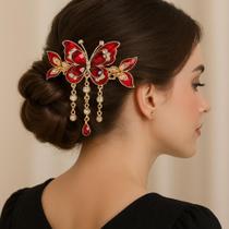 Presilha de Cabelo Borboleta Luxo Acessório Elegante com Strass e Pingentes - Ideal para Festas e Dia a Dia