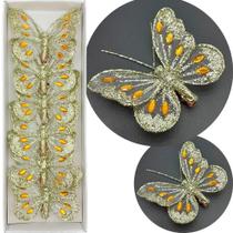 Presilha Prendedor Enfeite Borboleta Natal Dourado 8cm 12pçs Presilha Prendedor Enfeite Borboleta Natal Dourado 8cm 12pçs