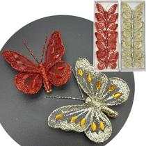 Presilhas Enfeite Natal Borboleta Dourado Vermelho 8cm 12Pçs