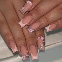 Pressione as unhas ROFIBUT Pink 3D French Tip com strass, 30 unidades Pressione as unhas ROFIBUT Pink 3D French Tip com strass, 30 unidades