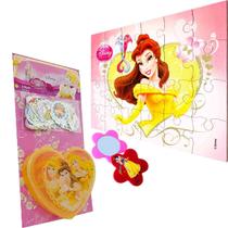 Princesas Disney 100 Mini Adesivos + Porta Adesivo + Espelho + Quebra Cabeça Bela