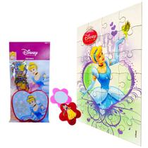 Princesas Disney 100 Mini Adesivos + Porta Adesivo + Espelho + Quebra Cabeça Cinderela