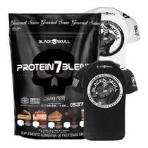 Protein 7 blend gourmet 840g + camiseta dry fit branca exg - black skull (cheescake de morango)