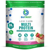 Proteína em pó BioTrust com baixo teor de carboidratos, soro de leite e caseína de morango
