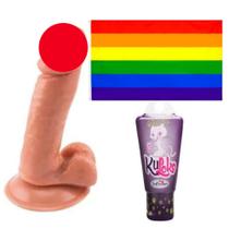 Prótese Consolo com Escroto e Veias 12,9 cm X 2,5cm Ponto G + Bandeira LGBTI + Gel Lubrificante