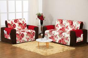 Protetor De Sofá Estampado Floral 3 E 2 Lugares 02 Peças Floral Vermelho
