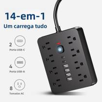 Protetor De Surto Com 14 Funções, 8 Portas AC, 4 Portas USB, 2 Portas Tipo-C, Extensão Montável Na