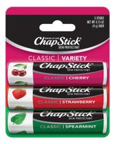 Protetor Labial Chapstick Classico Cereja Morango Menta Lip Balm Bastão Stick Variety Pack Protetor Labial Chapstick Classico Cereja Morango Menta Lip Balm Bastão Stick Variety Pack