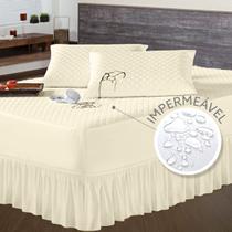 Protetor para Colchão Casal Padrão + 2 Porta Travesseiro Impermeável + Saia Box Palha