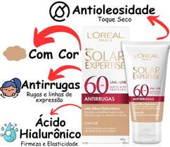 Protetor Solar Com Cor Loreal Paris 60 Fps Solar Expertise Antioleoidade Antirrugas Ácido Hialurônico