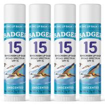 Protetor solar Lip Balm Badger SPF 15 Mineral, pacote com 4 unidades, tamanho de viagem Protetor solar Lip Balm Badger SPF 15 Mineral, pacote com 4 unidades, tamanho de viagem