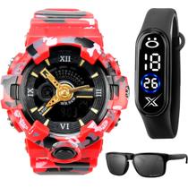 Prova dagua relógio digital masculino + proteção oculos uv data alarme camuflado vermelho esportivo