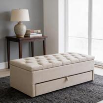 Puf Baú Gaveta Casal Com 2 Compartimentos 140x50x45cm Na Cor Bege Claro - Alta Qualidade