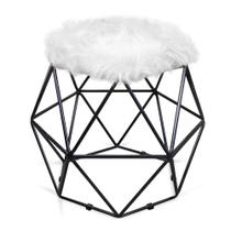 Puff Aramado Hexagono Decorativo Industrial Preto com Pelúcia Branco