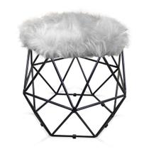Puff Aramado Hexagono Decorativo Industrial Preto com Pelúcia Cinza