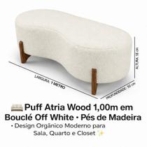 Puff Atria Wood 1,00m em Bouclé Off White Pés de Madeira Design Orgânico Moderno para Sala, Quarto e Closet