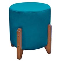 Puff Bally Luxo Banqueta Redonda Madeira Maciça Veludo Azul Turquesa - Will Decor