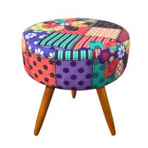 Puff Banqueta Berlim Redondo Estampado Patchwork Floral Pés Castanho - D'Rossi