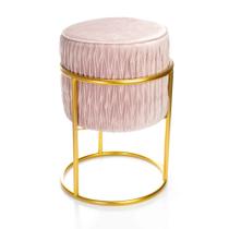 Puff Banqueta Decorativo Redondo Veludo Rosa Base Metálica Dourado 38x30 cm - D'Rossi