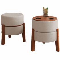Puff Banqueta JM Veneza Porta Copos em tecido linho pés de madeira maciça Bege