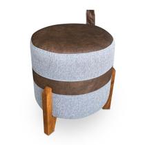 Puff Banqueta Le Mans Linho Cinza e Corano Nozes Base de Madeira - Pallazio