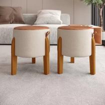 Puff Banqueta Luma redondo pés madeira maciça 1 UNIDADE Bege com Caramelo Decore Móveis