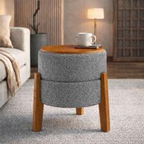 Puff Banqueta Soft Bouclé Redondo Pés Madeira Mesa de Apoio 2 em 1