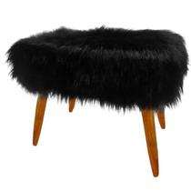 Puff Banqueta Viena Pelúcia Preta Pés Castanho