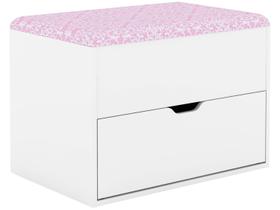Puff Baú com 1 Gaveta - Branco/Tecido Rosa