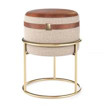 PUFF DALLAS BASE METAL EM material sintético E LINHO DECORATIVO PARA SALA 2 CORES