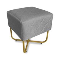 Puff Decorativo Bela Linho Cinza Base Metal Dourado - Vallisa Decor