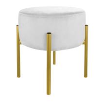 Puff Decorativo Luxo Suede Branco Pés de Ferro Dourada - Belliv Decor