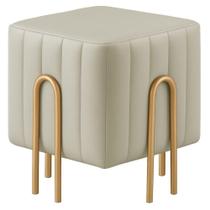 Puff Decorativo Realeza Couro Pérola Metal Dourado