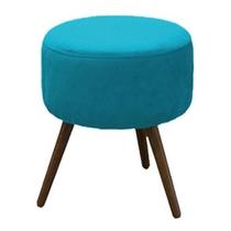 Puff Decorativo Redondo Banqueta com Pés de Madeira Palito Tecido Suede Azul Turquesa - Maitê Moda Casa