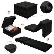 Puff Dobrável Vira Cama Bau Com Rodinha Para Sala Quarto Estofado Preto Espuma D23
