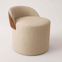 Puff Encosto material sintético Linho Orgânico Sala Redondo Quarto Banco Cor:Bege