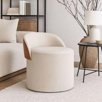 Puff Encosto material sintético Linho Sala Orgânico Quarto Redondo Banco Bege