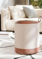 Puff Euro redondo moderno com detalhes em couro para quarto ou sala - Creme com Marrom Puff Euro redondo moderno com detalhes em couro para quarto ou sala - Creme com Marrom