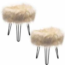 Puff Magnus Redondo Pelúcia Bege Pés Castanho 2 Peças