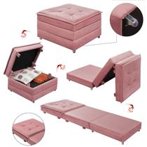 Puff Multifuncional Baú Com rodizio Para Sala Que Vira Cama Colchão De Solteiro Dobravel Estofados Rosa Decoração
