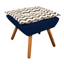 Puff Opala Zig Zag Bege D81 com Suede Azul Marinho Pés Palito Castanho D'Rossi