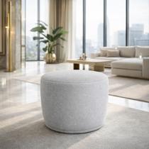 Puff Orgânico Redondo Em Bouclé Cinza Para Sala Quarto Rcepção Elegante Moderno