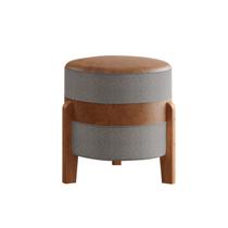 Puff Órion Couro Caramelo Linho Cinza Pés De Madeira Puff Órion Couro Caramelo Linho Cinza Pés De Madeira