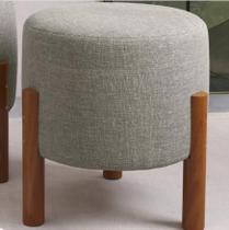 Puff, Puf Banqueta Redondo Pés De Madeira Maciça Thor Luxo Cinza