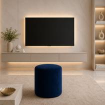 Puff Puffe Redondo Decorativo Sala Quarto Veludo Banqueta Bau Estofada Premium Multiuso Espuma D21 Azul Marinho