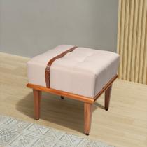 Puff Quadrado de Madeira Eucalipto Estofado e Cinto de Couro Yarin